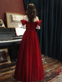 A line tulle sequin long prom dress burgundy tulle formal party dress