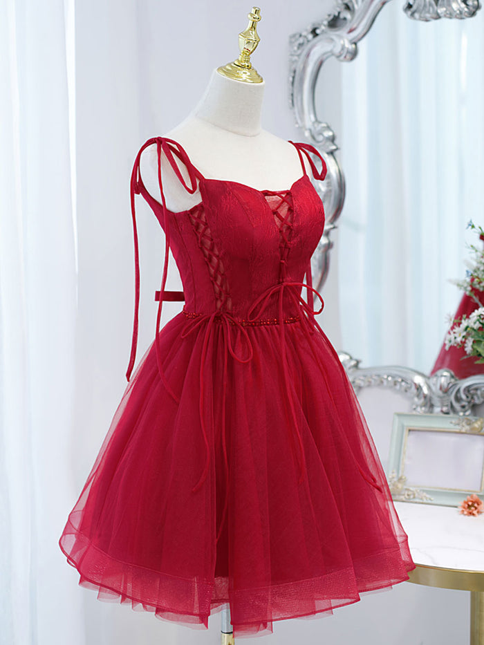 Burgundy tulle lace short prom dress burgundy homecoming dress