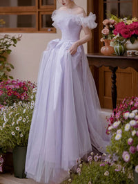 A-Line Off Shoulder Purple Tulle Long Prom Dress, Purple Formal Evening Dress