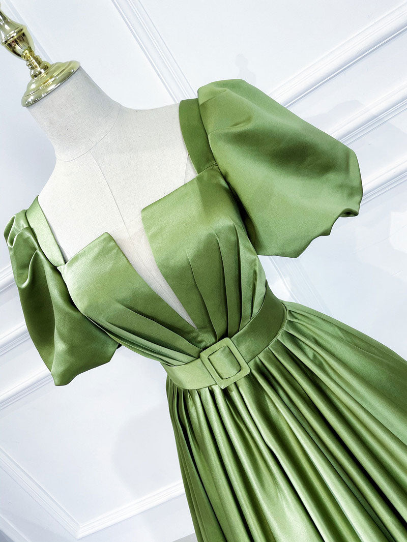 Green A line satin long prom dress, green formal evening dress