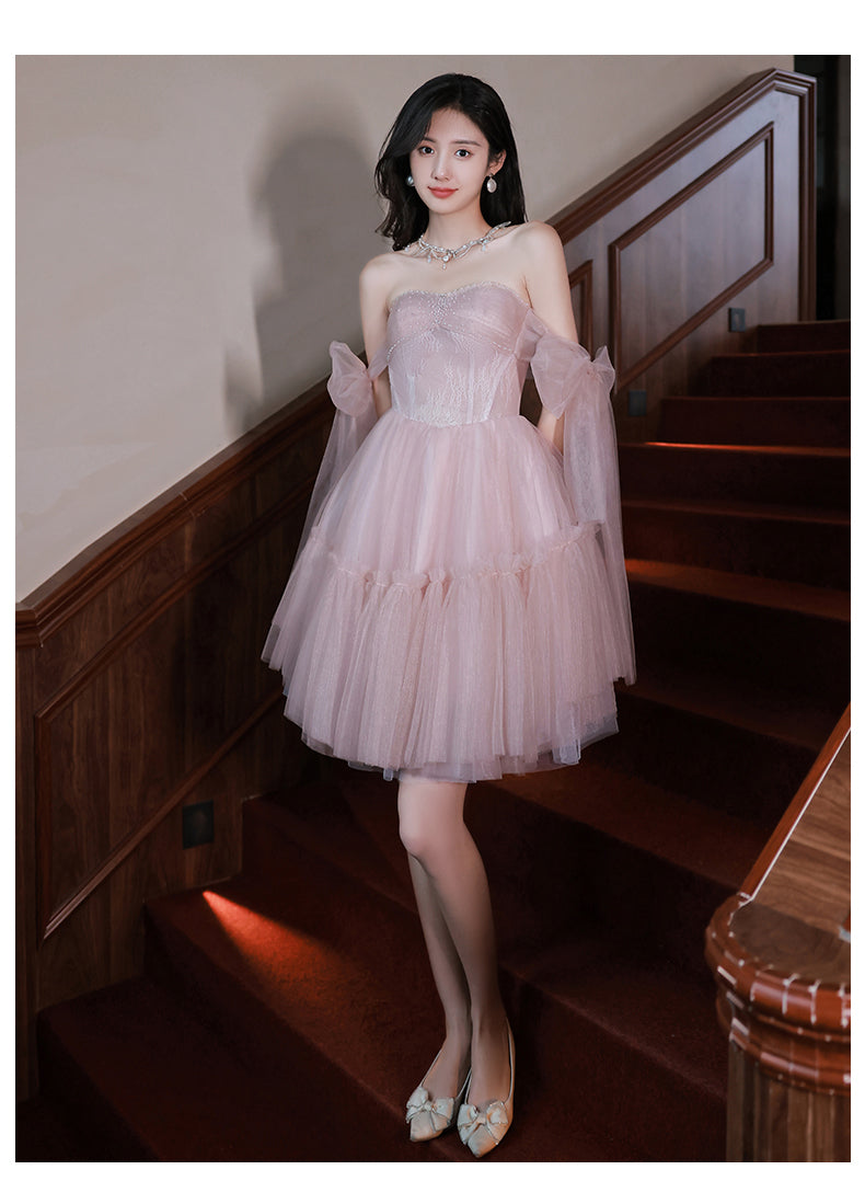 Pink tulle off shoulder short prom dress pink evening dress toptby Pink tulle off shoulder short prom dress pink evening dress toptby