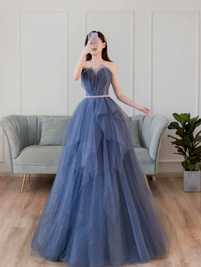 Blue sweetheart tulle long prom dress blue tulle formal dress