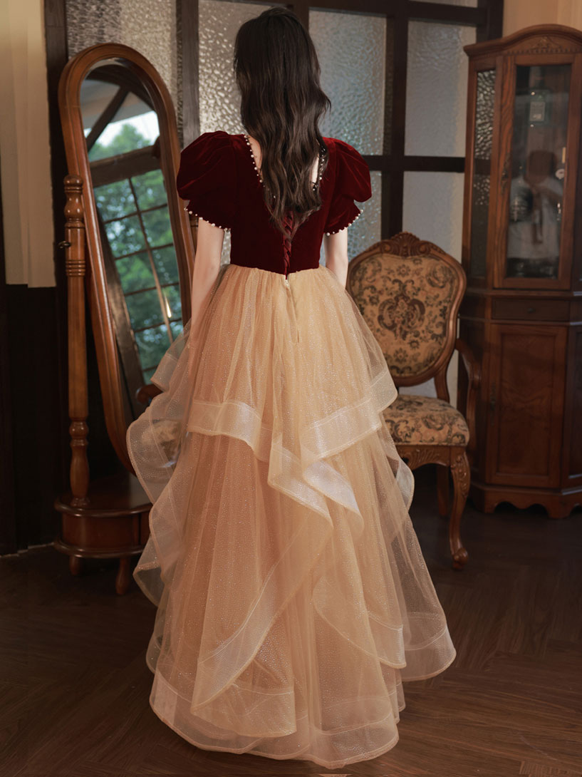 Champagne/Burgundy Tulle Long Prom Dresses, Champagne Formal Evening D – toptby