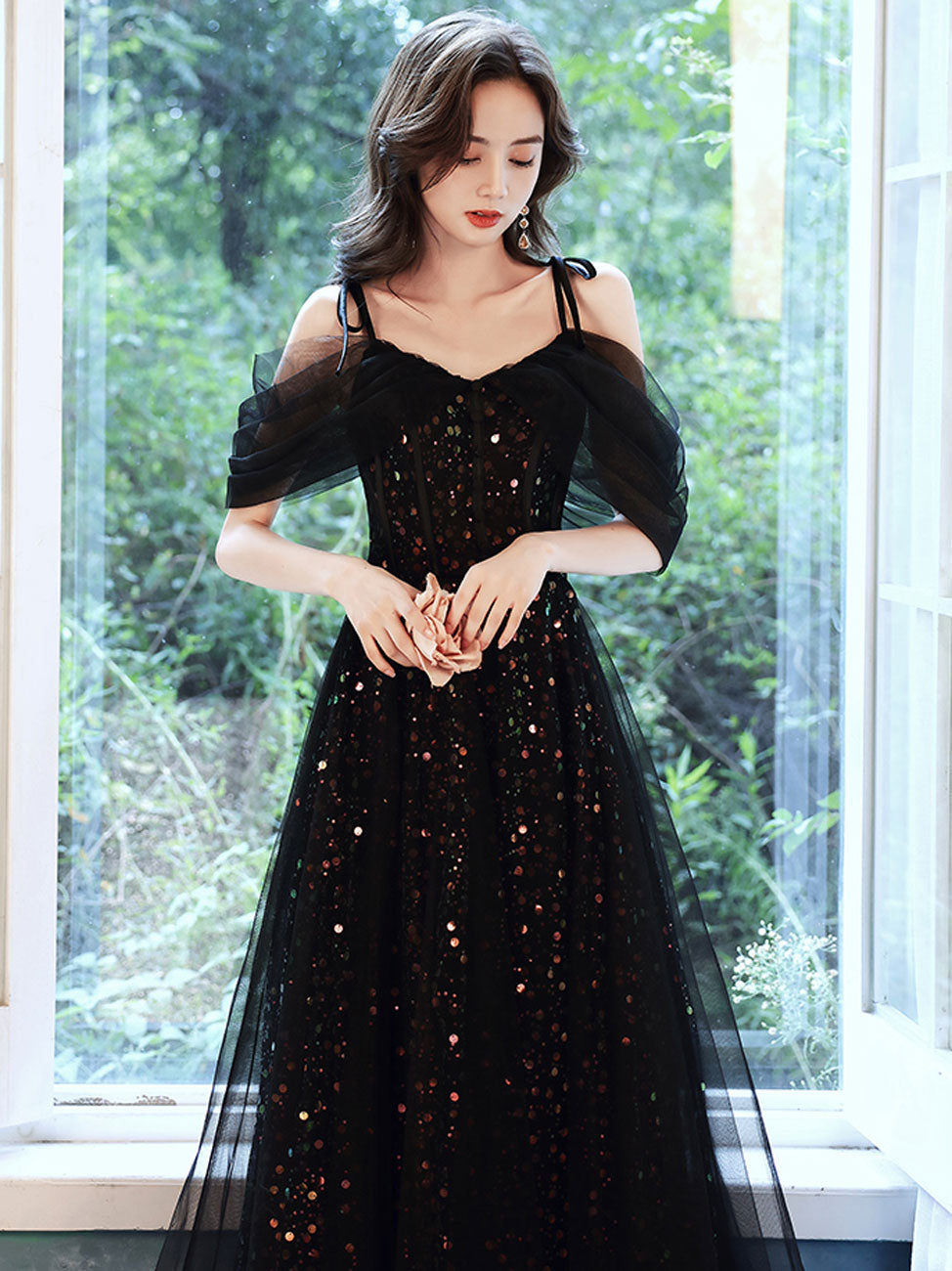 Black A Line Off Shoulder Tulle Long Prom Dresses, Black Formal Evening Dress