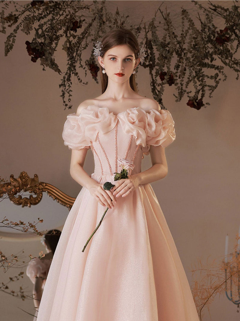 Pink tulle off shoulder tea length prom dress, pink formal dress