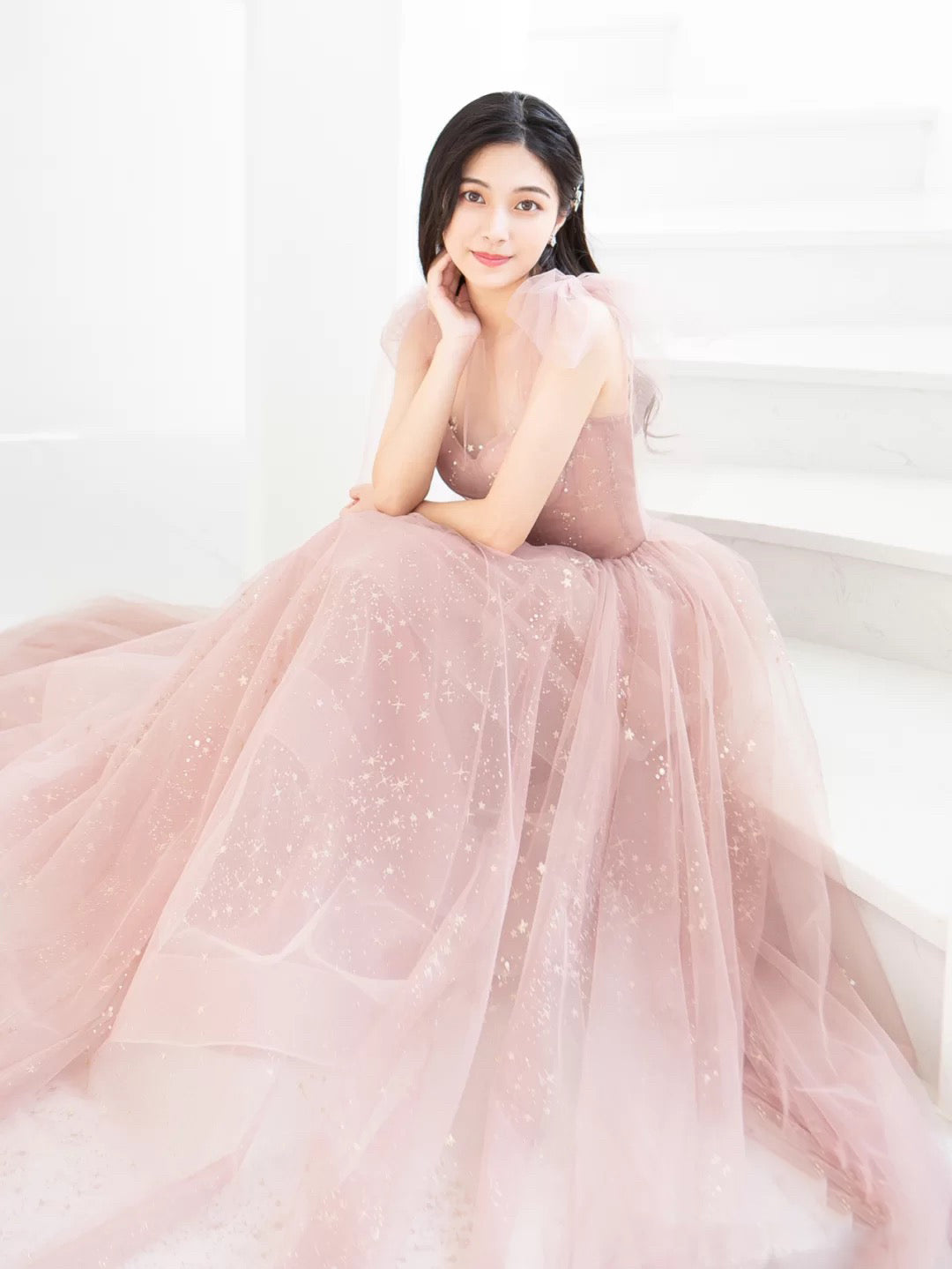 Bean pink tulle long prom dress, A line tulle formal evening dress