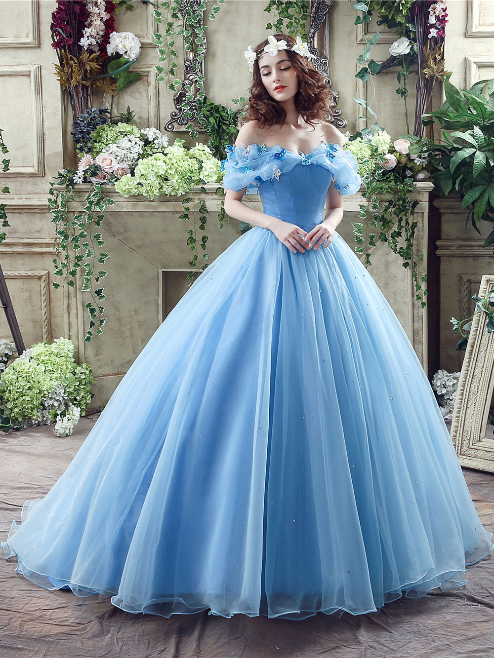 Blue tulle off shoulder long prom dress, blue tulle sweet 16 dress