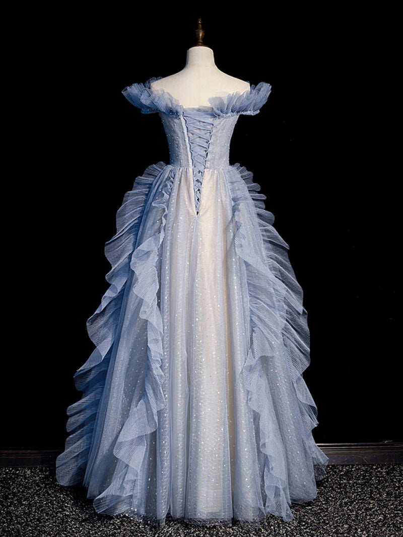 Blue Off Shoulder Tulle Sequin Beading Long Prom Dress, Blue Formal Dress