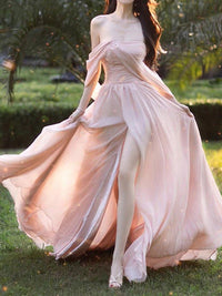 Simple Chiffon Pink Long Prom Dresses, Pink Formal Evening Dress