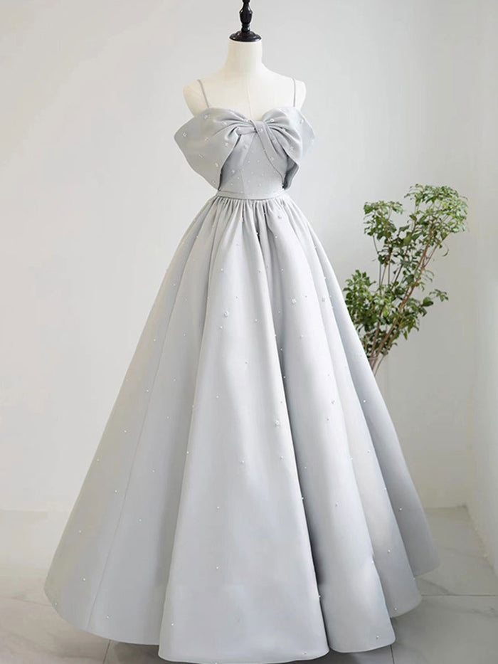 A-Line Satin Gray Long Prom Dresses, Gray Long Formal Dresses