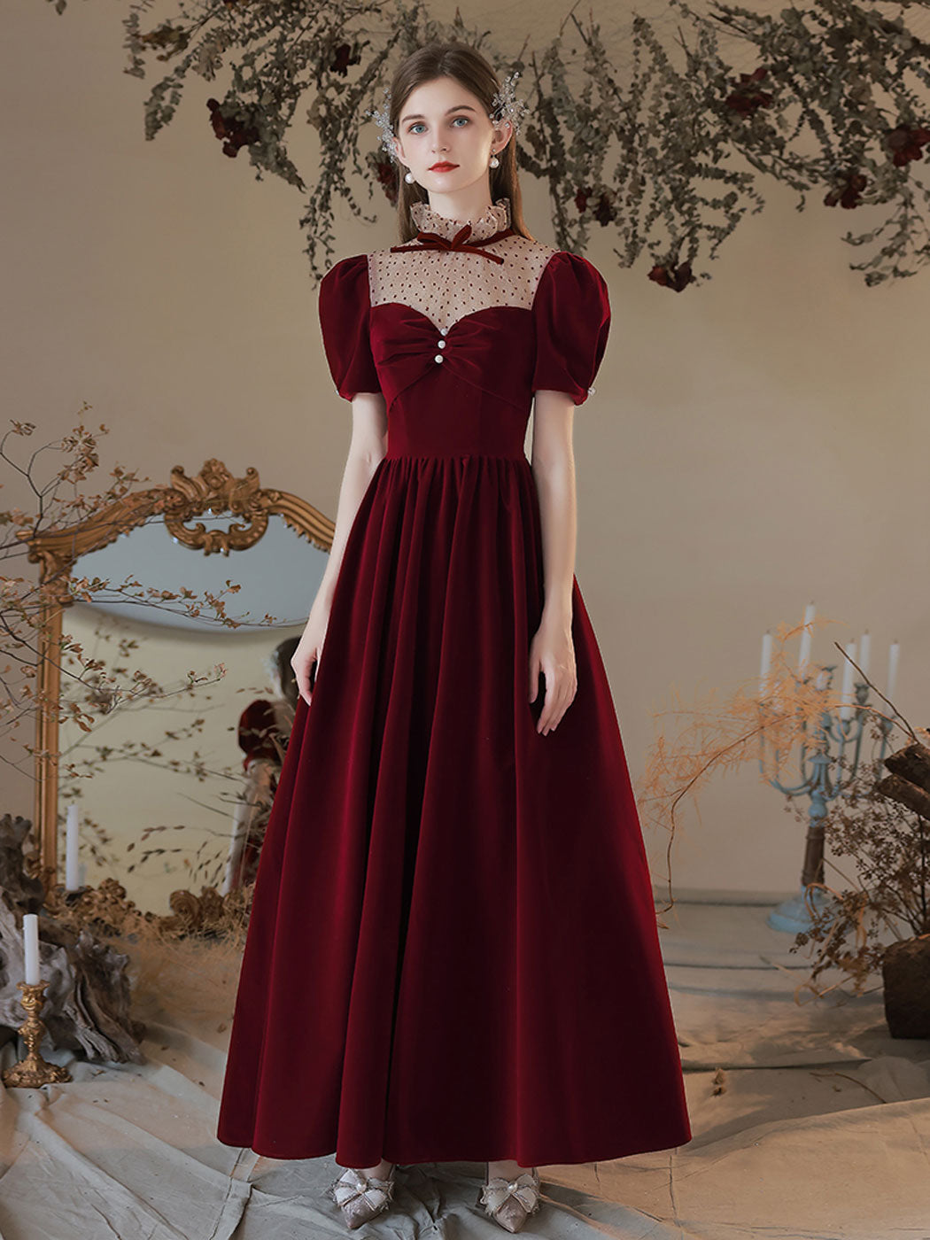 A line Velvet Tea Length Burgundy Prom Dresses, Formal Burgundy Velvet toptby A line Velvet Tea Length Burgundy Prom Dresses, Formal Burgundy Velvet toptby