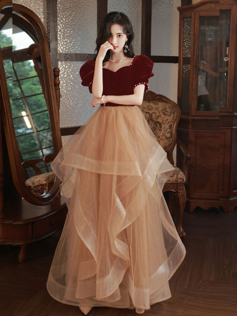 Champagne/Burgundy Tulle Long Prom Dresses, Champagne Formal Evening D toptby Champagne/Burgundy Tulle Long Prom Dresses, Champagne Formal Evening D toptby