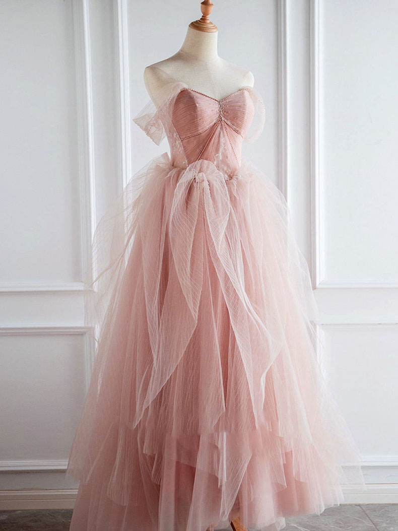 Pink sweetheart neck tulle long prom dress, pink tulle formal dress toptby Pink sweetheart neck tulle long prom dress, pink tulle formal dress toptby