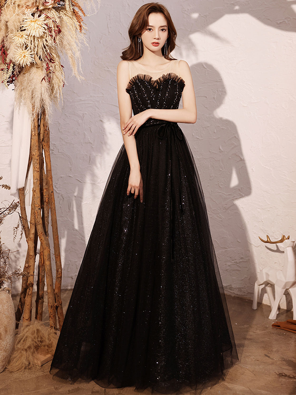 Black A line sequin long prom dress, black evening dress toptby Black A line sequin long prom dress, black evening dress toptby
