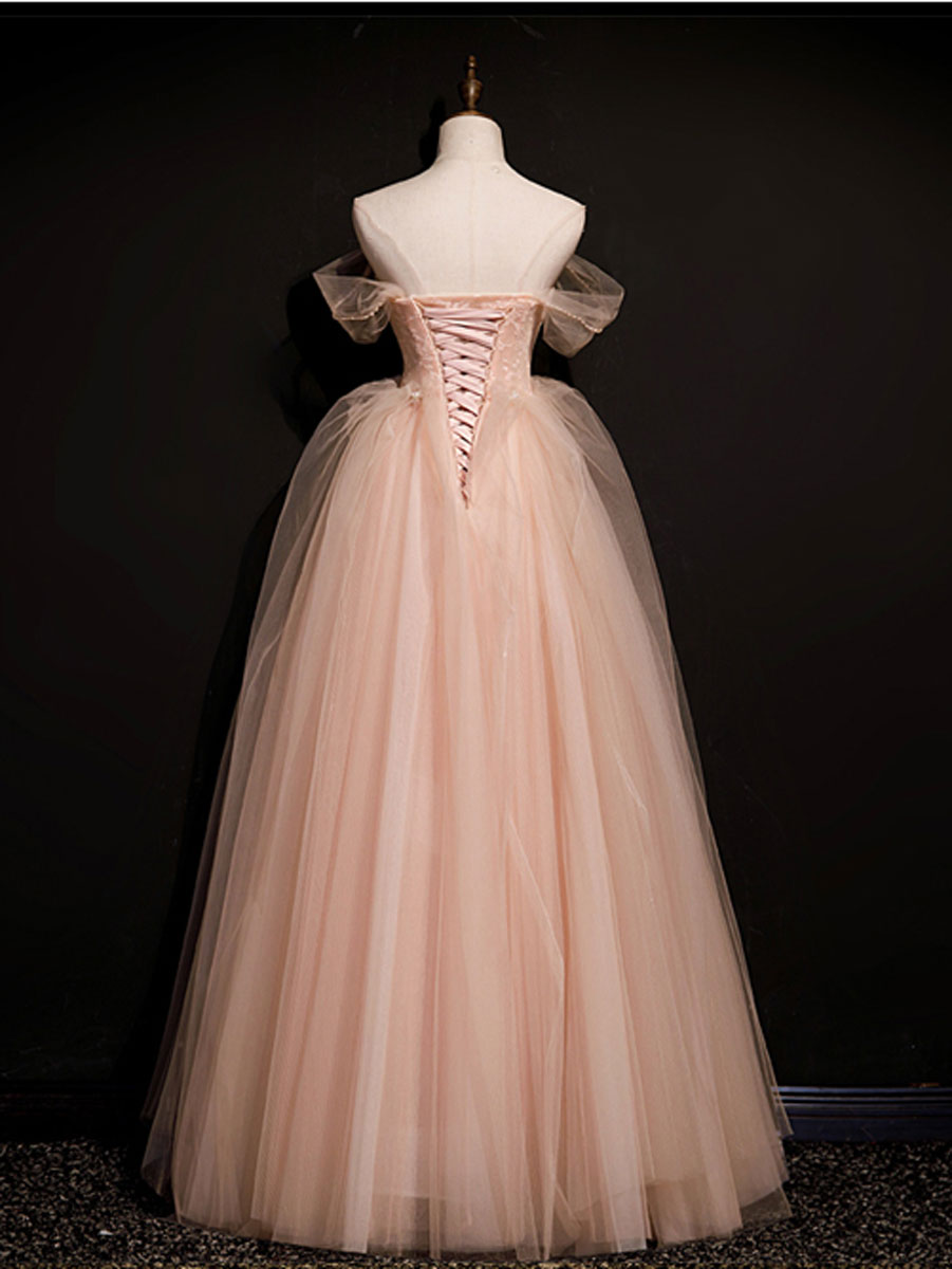 Pink off shoulder tulle lace long prom dress, pink formal dress