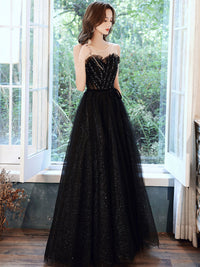 Black A line sequin long prom dress, black evening dress