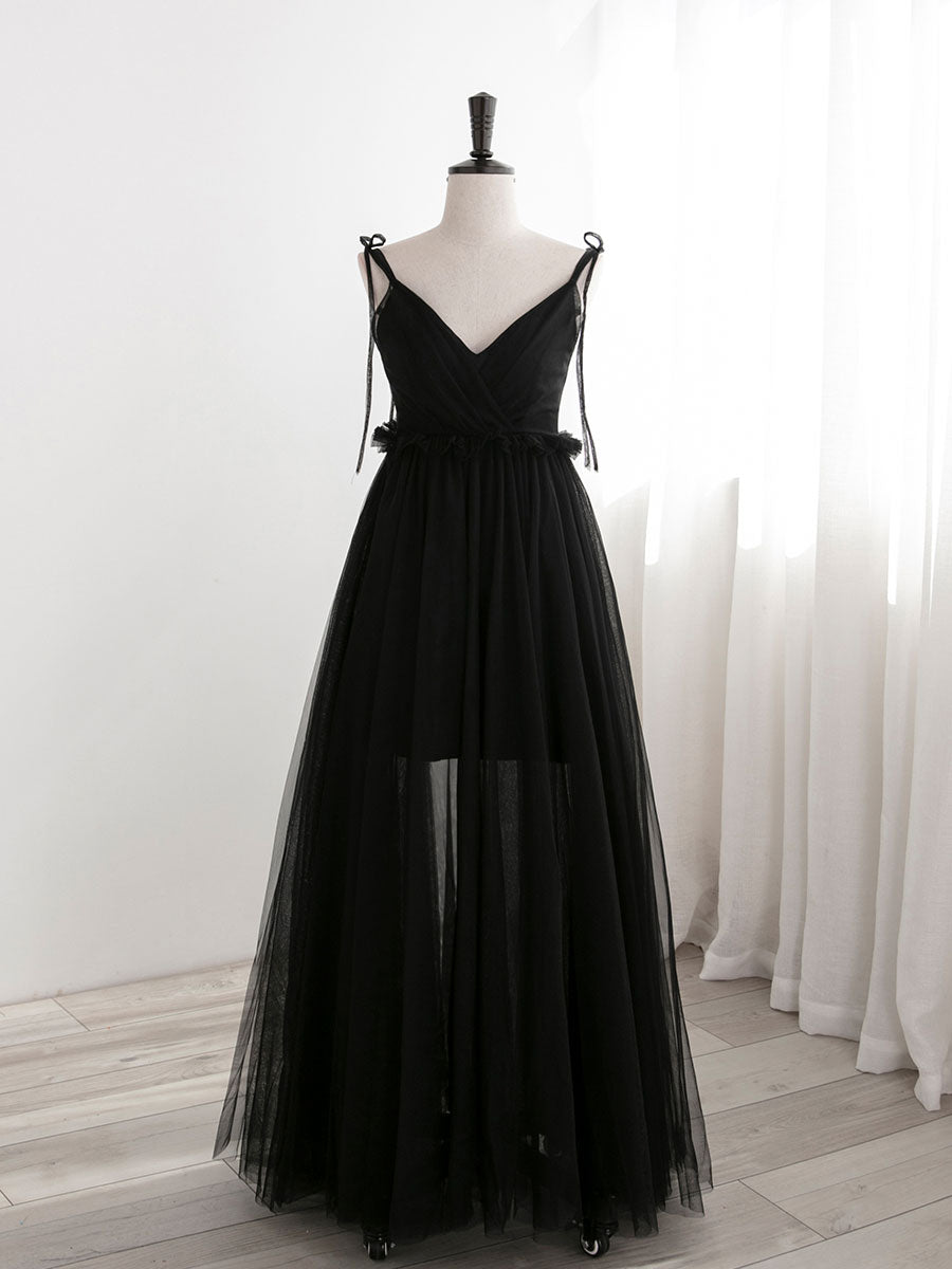 A-Line Black Tulle Long Prom Dresses