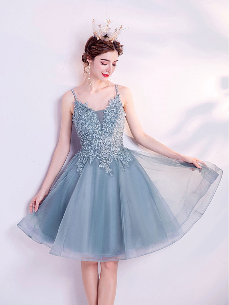 Blue v neck tulle lace short prom dress blue homecoming dress