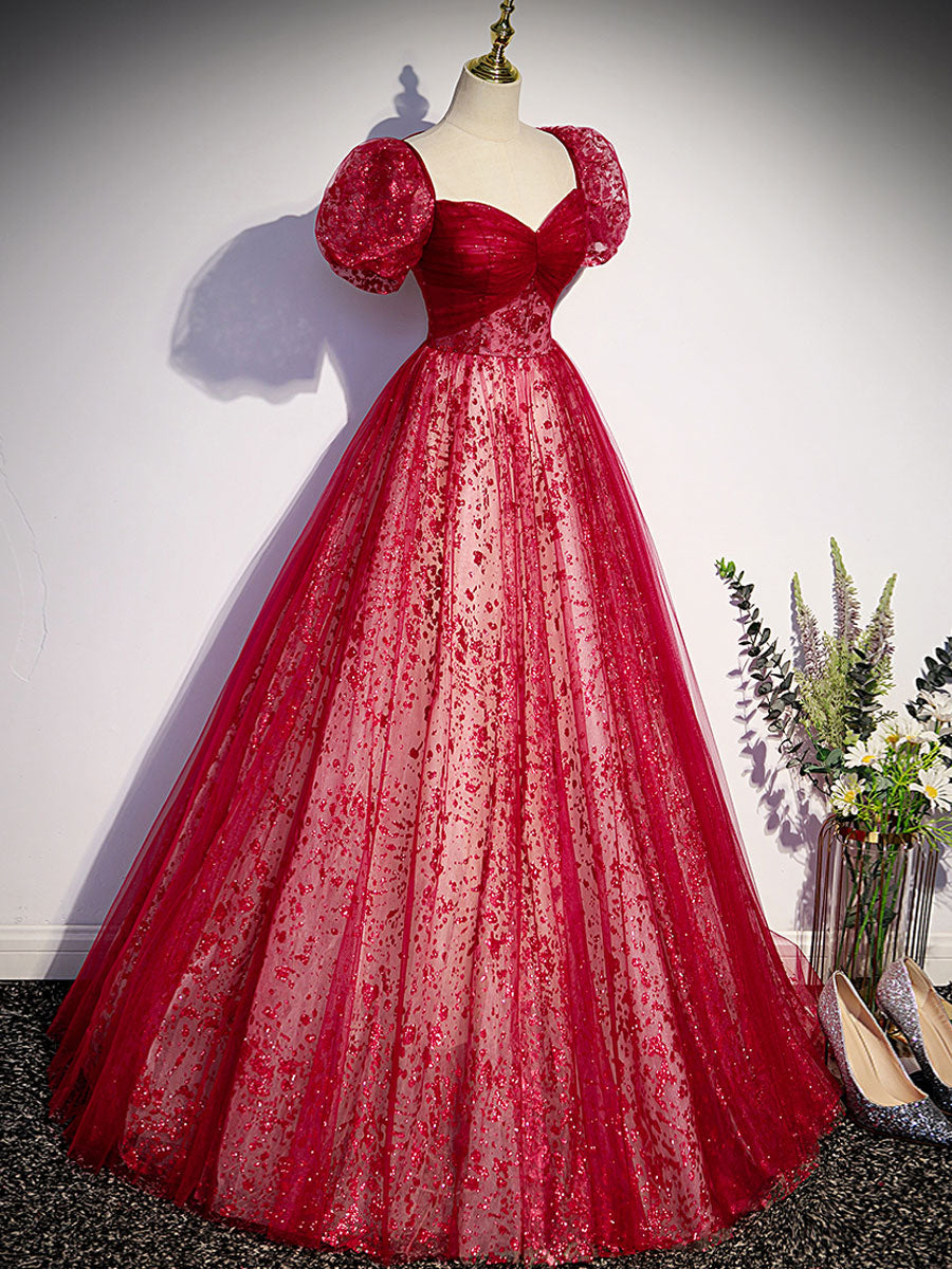 A line burgundy tulle sequin long prom dress, burgundy formal dress toptby A line burgundy tulle sequin long prom dress, burgundy formal dress toptby