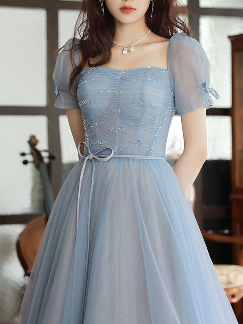 Blue A-Line Tulle Sequin Long Prom Dresses, Blue Formal Evening Dresses