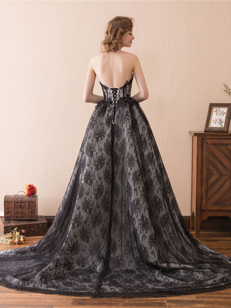 Black A line tulle lace long prom dress, black lace evening dress