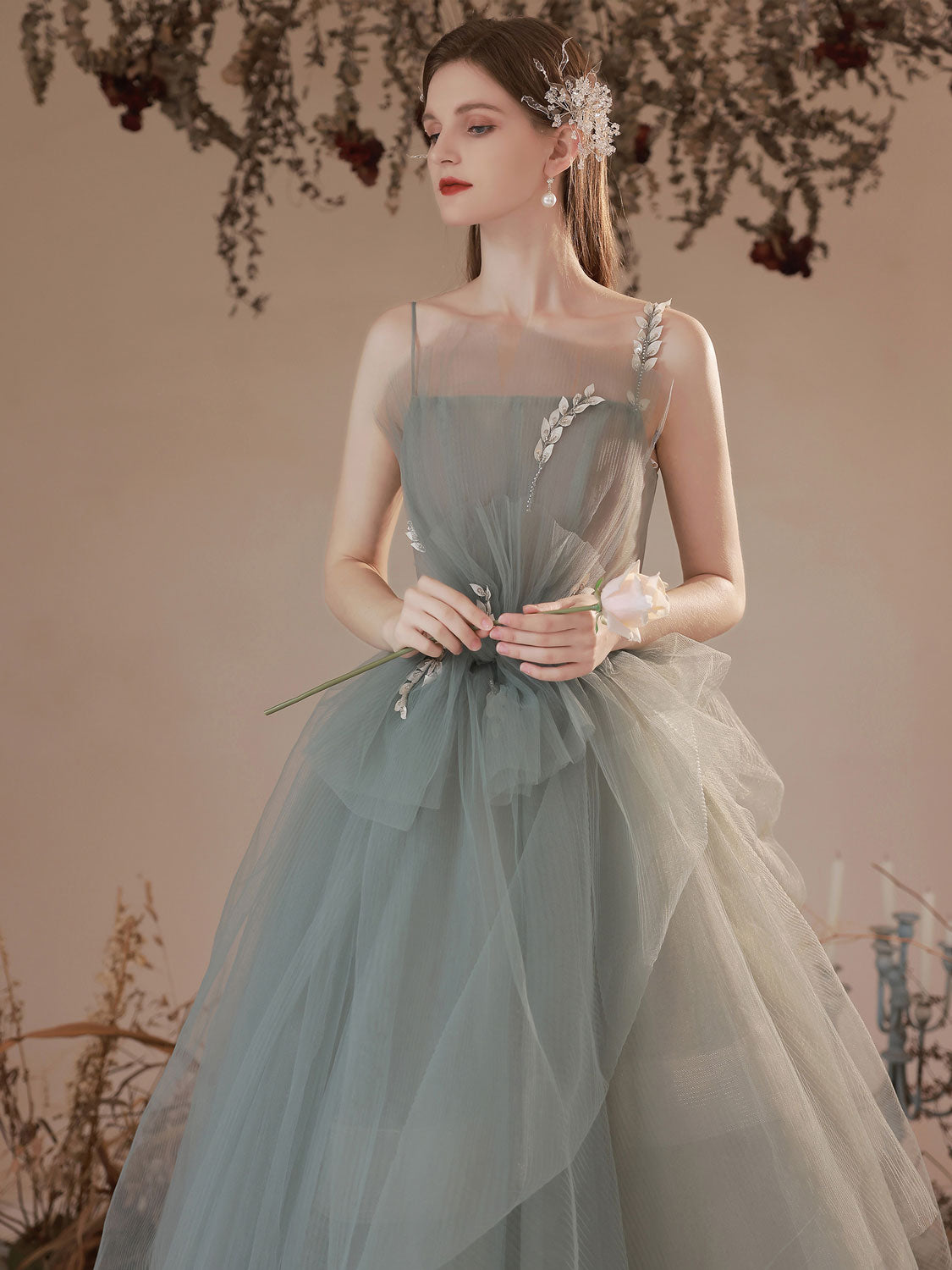 Gray green tulle long prom dress, gray green tulle formal dress