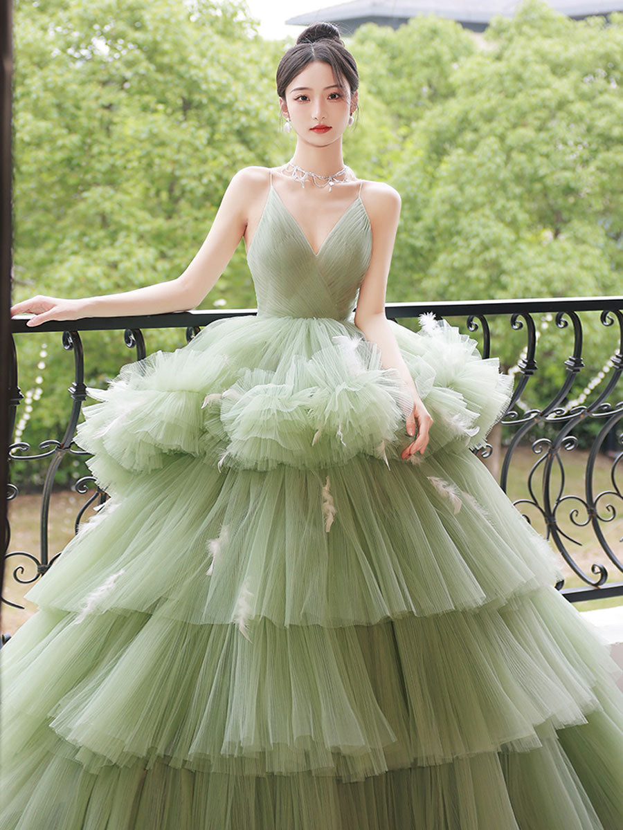 Green v neck tulle long prom dress, green tulle formal evening dress – toptby