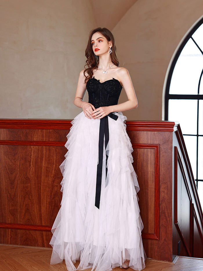 White A line tulle long prom dress white tulle formal party dress