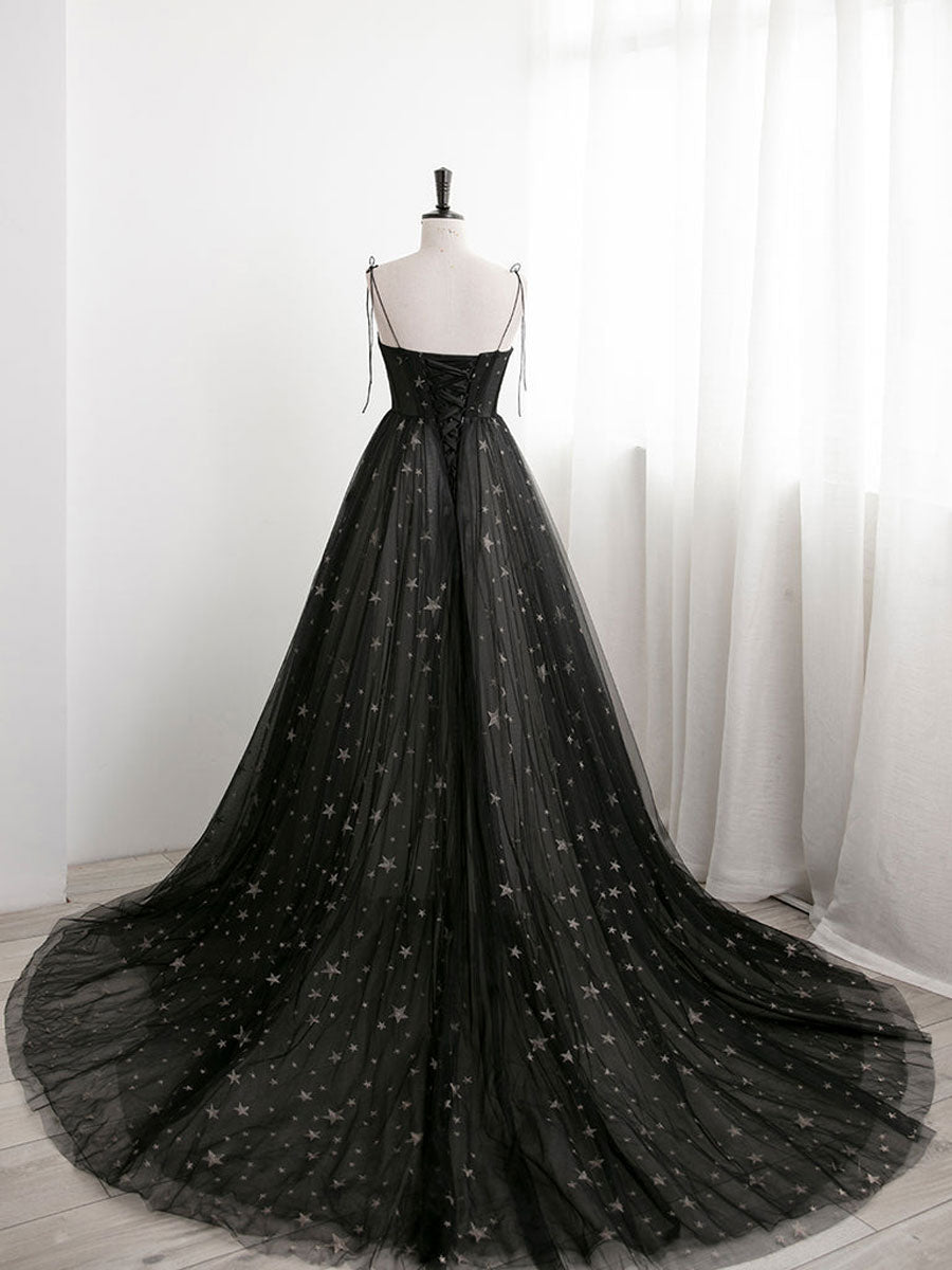 Black sweetheart neck tulle long prom dress A line black evening dress toptby Black sweetheart neck tulle long prom dress A line black evening dress toptby