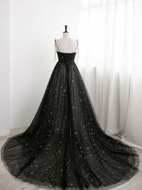 Black sweetheart neck tulle long prom dress A line black evening dress