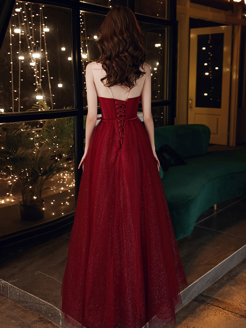 Burgundy A line tulle sequin long prom dress, burgundy evening dress