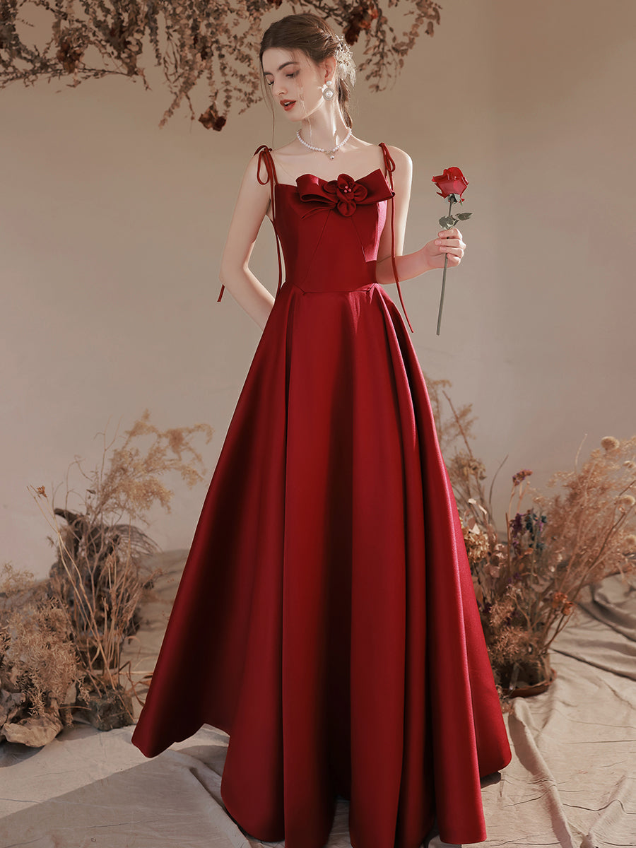 A-Line Burgundy Satin Long Prom Dresses, Burgundy Formal Evening Dress