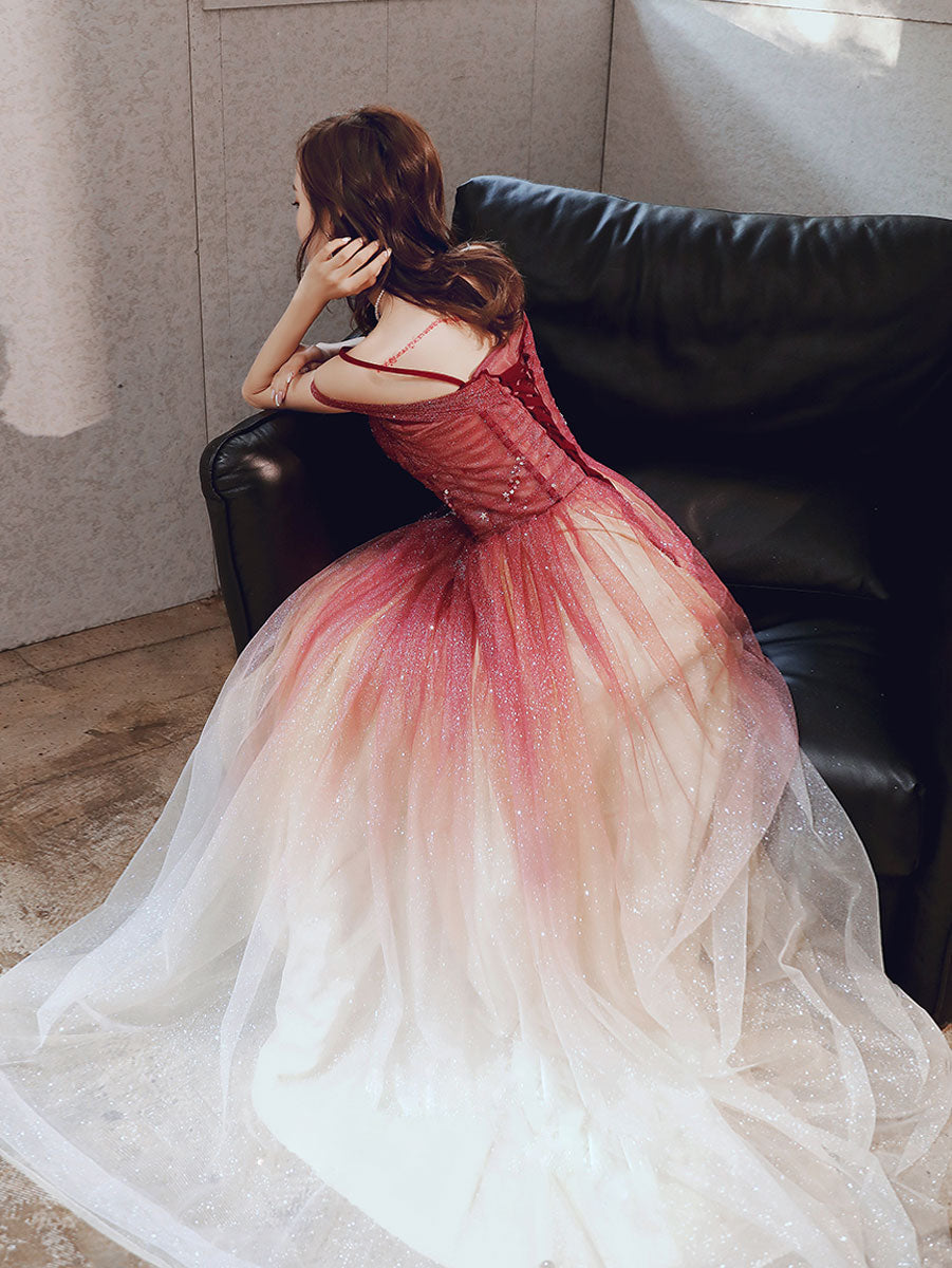 A line burgundy tulle long prom dress, burgundy tulle formal dress