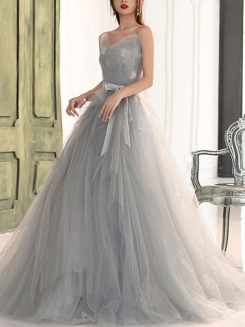 Light Grey Tulle Sweetheart Formal Dress with Lace, A-line Tulle Lace-up Prom Dress main image 0