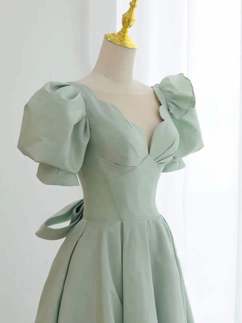 Simple green v neck satin short prom dress, green evening dress