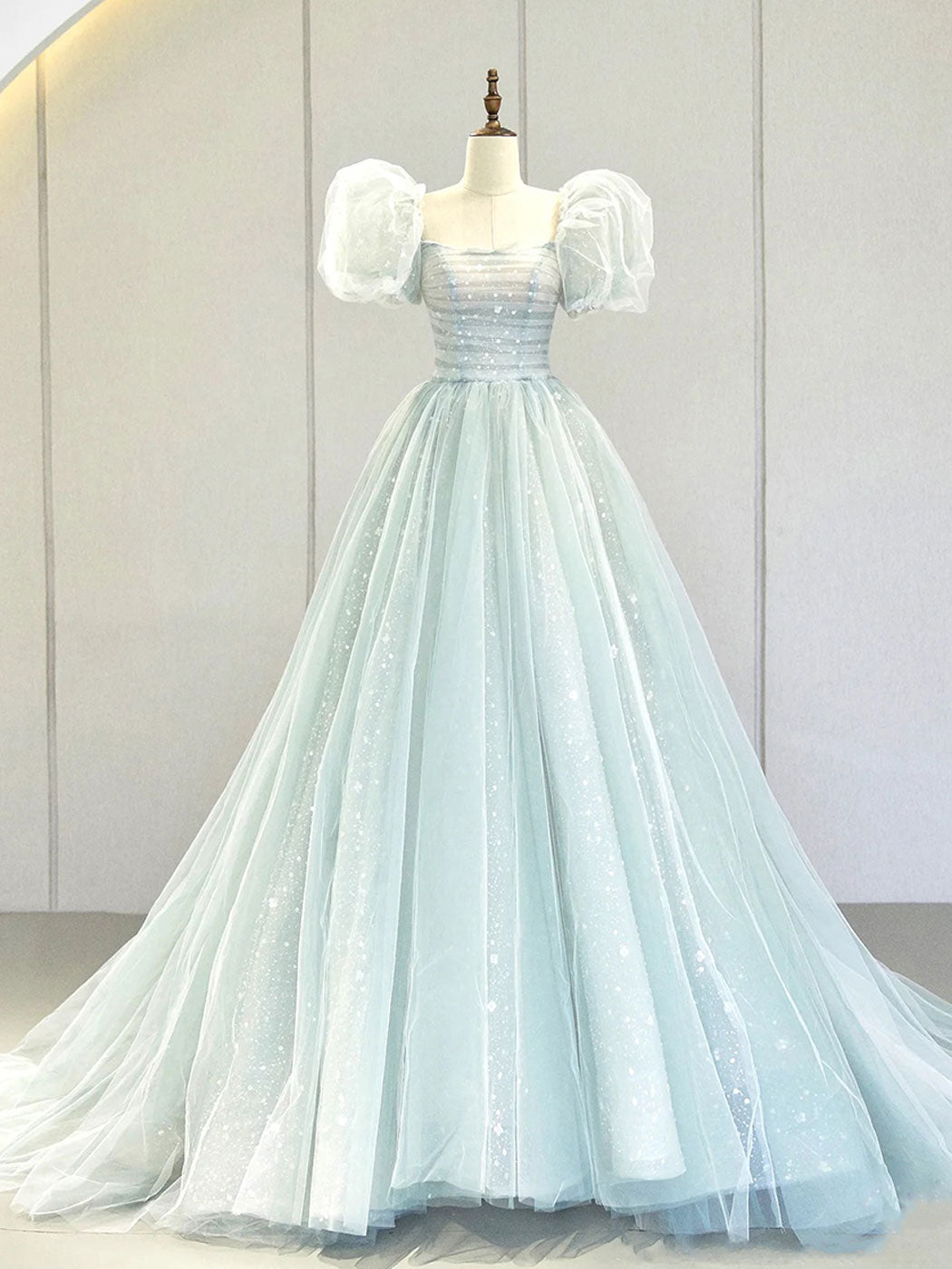 A-Line Puff Sleeves Blue Long Prom Dress, Tulle Formal Evening Dress