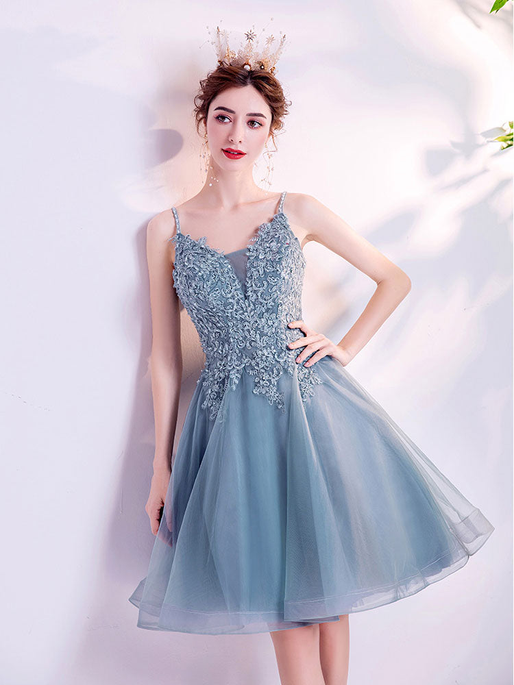 Blue v neck tulle lace short prom dress blue homecoming dress toptby Blue v neck tulle lace short prom dress blue homecoming dress toptby
