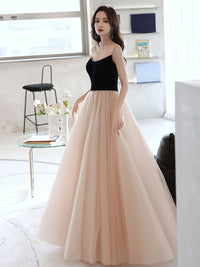 Champagne A line tulle long prom dress, champagne evening dress