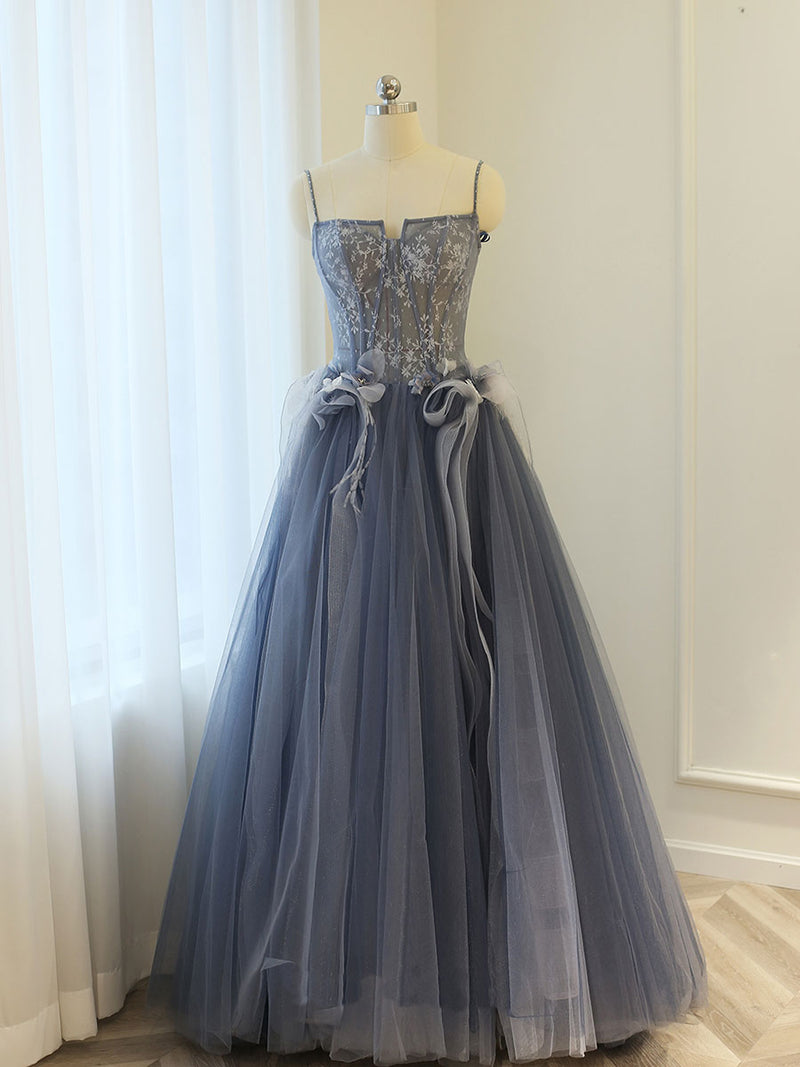 Gray A line lace tulle long prom dress, gray formal evening dress