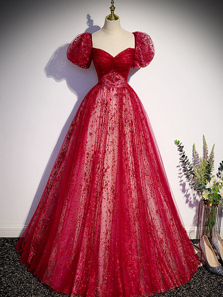 A line burgundy tulle sequin long prom dress, burgundy formal dress
