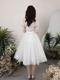 White tulle off shoulder sequin short prom dress white homecoming dress
