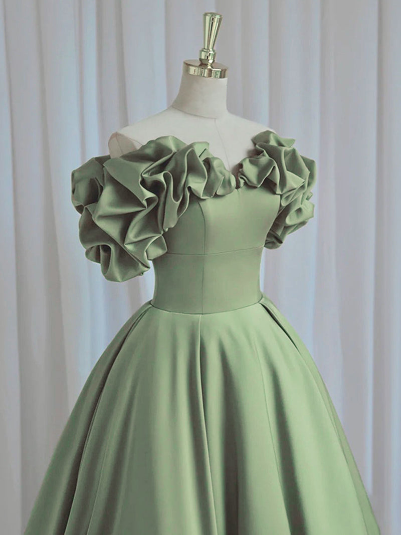 A-Line Satin Green Long Prom Dress, Green Formal Evening Dress