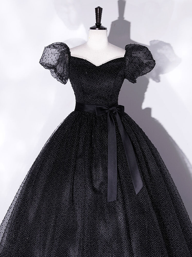 Black tulle long prom dress, black puff sleeves long sweet 16 dress