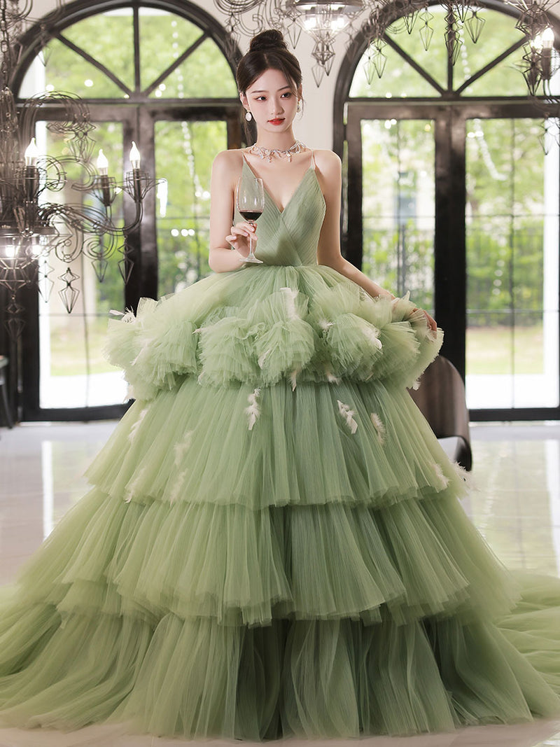 Green v neck tulle long prom dress, green tulle formal evening dress