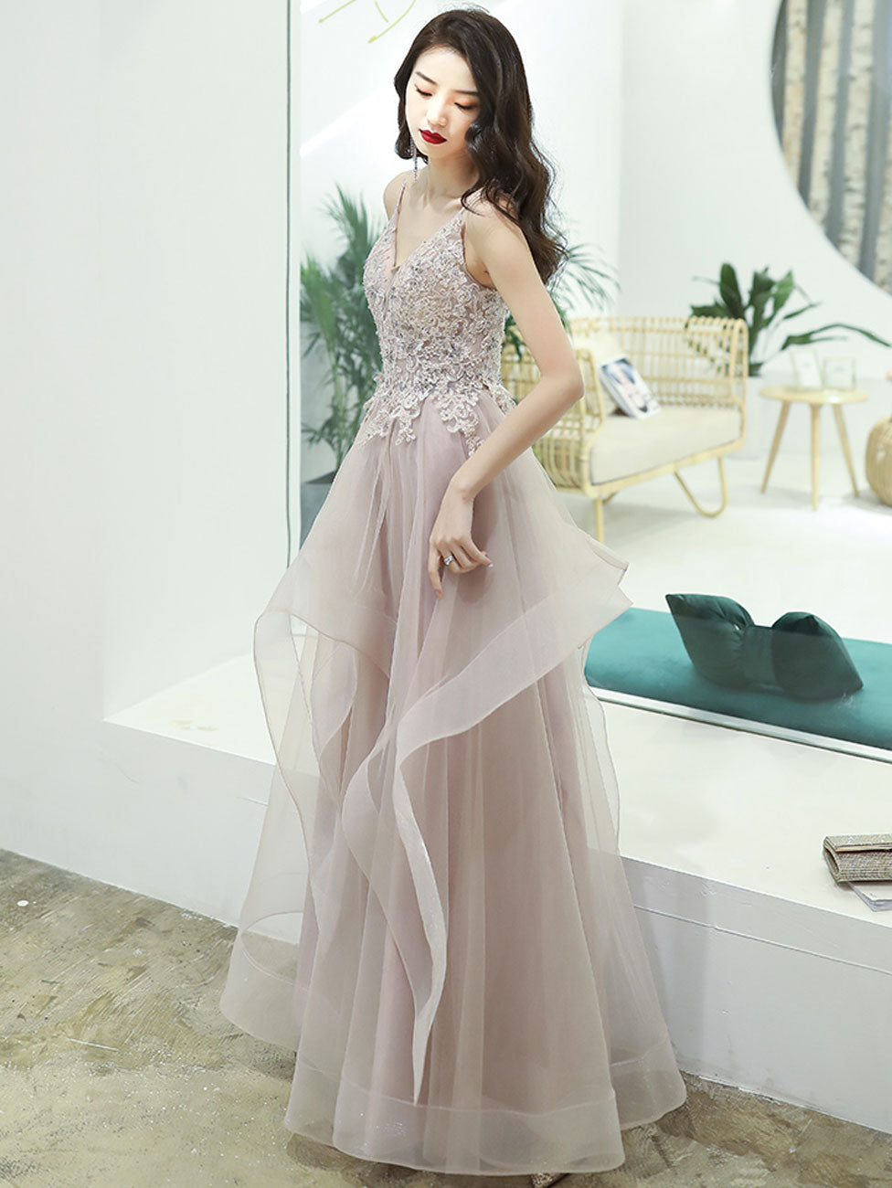 Champagne V Neck Lace Long Prom Dresses, Champagne Formal Graduation Dress