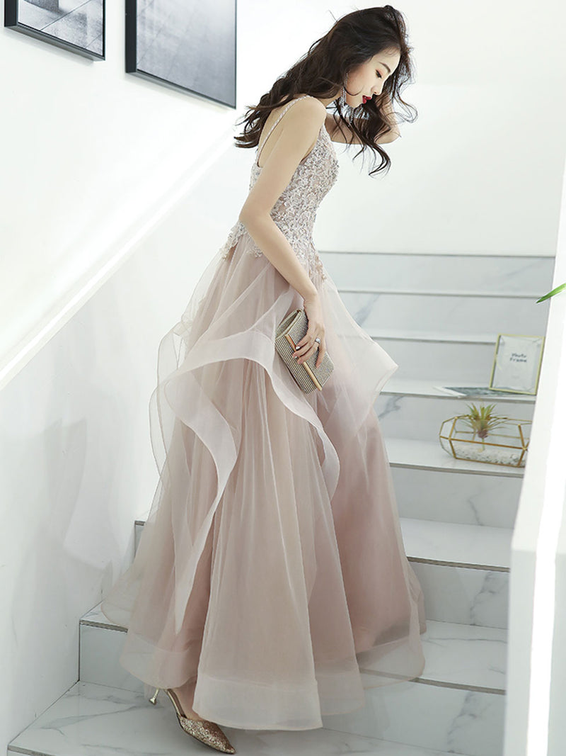 Champagne V Neck Lace Long Prom Dresses, Champagne Formal Graduation D – toptby