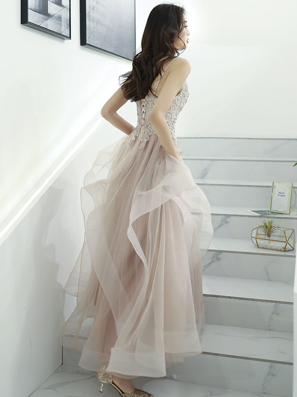 Champagne V Neck Lace Long Prom Dresses, Champagne Formal Graduation D toptby Champagne V Neck Lace Long Prom Dresses, Champagne Formal Graduation D toptby