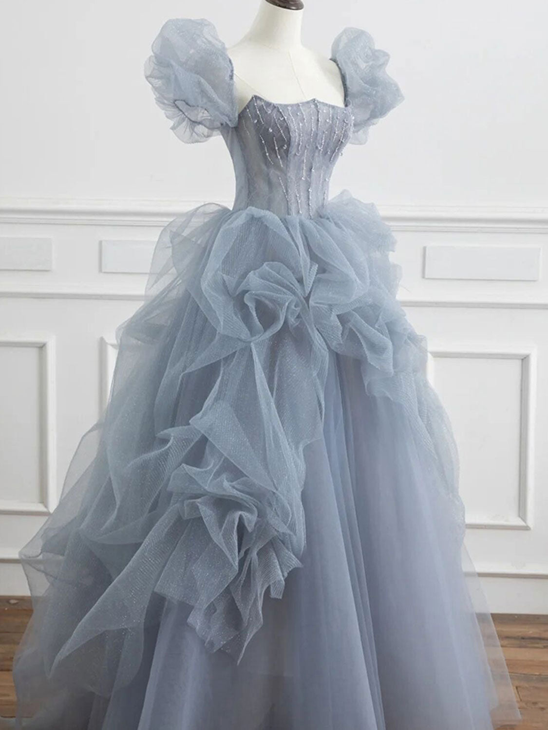 Gray blue beads long prom dress gray tulle formal dress – toptby