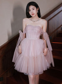 Pink tulle off shoulder short prom dress pink evening dress