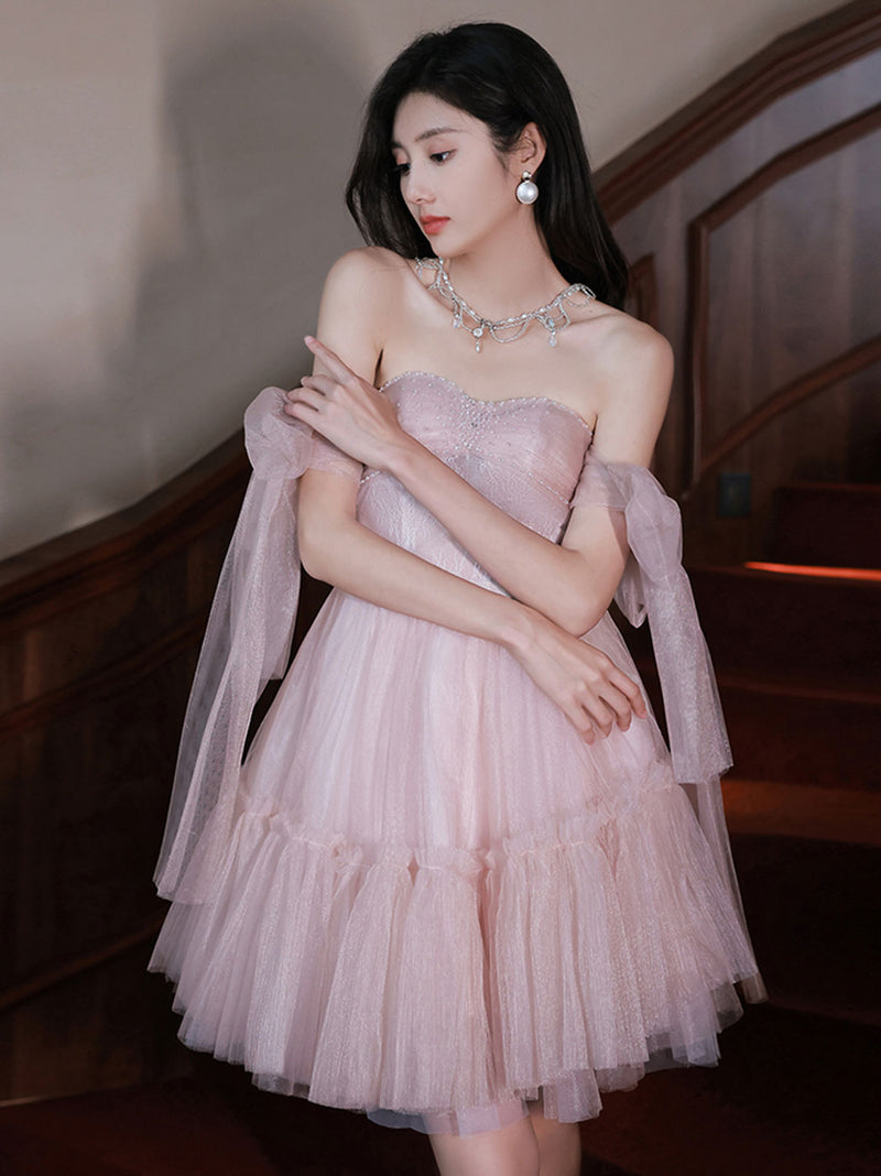 pink formal dress short Light tulle lace prom dress, pink homecoming Customized service and Rush order are available. Pink V-Neck Sequins Short Prom